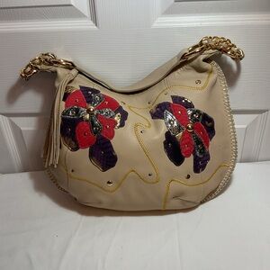 Fal-Chi by Falchi Vintage Retro Pebble Leather Tote Snakeskin details, Floral